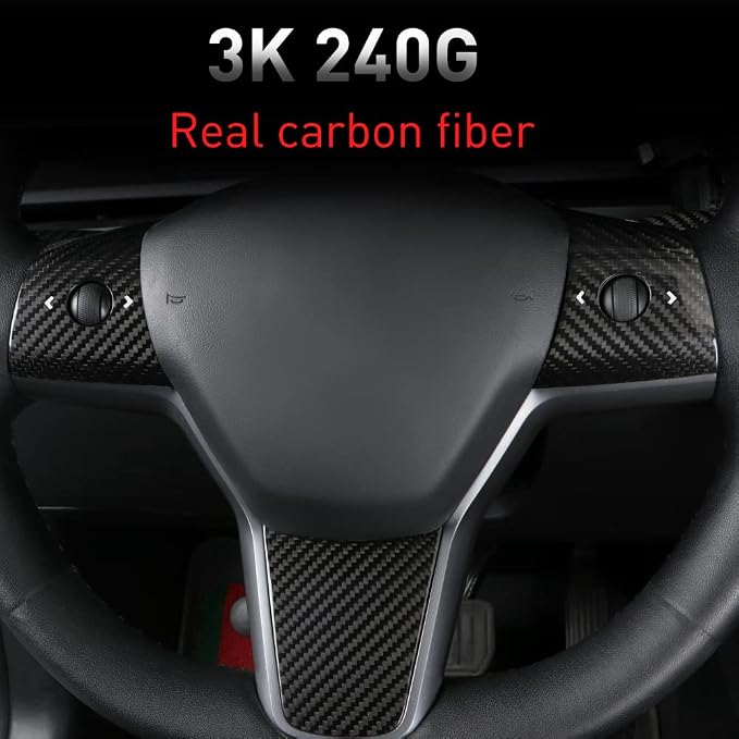 JSWAN Carbon Fiber Steering Wheel Panel Cover for Tesla Model 3 (2017 to 2023) Model Y (2020 to 2024) Steering Wheel Button Frame Wrap Accessories (Bright Black Panel Cover)