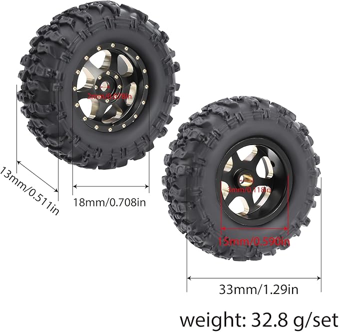 4pcs SCX30 Brass Offset 0.7'' Wheels Set with Rubber Tires Sponge Insert for AXIAL SCX30 Ford Bronco JEEP WRANGLER JLU RC Crawler Upgrade Part ﻿ (Black 6-hole set)