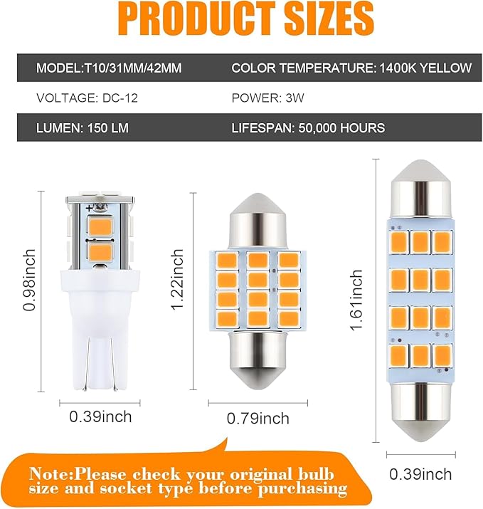 iFunyLED 24 Pieces Dome Light LED Car Interior Bulb Kit Set 194 T10 DE3175 578 31mm 42mm Bulbs Interior Replacement Lights for Car Map License Plate Door Side Marker Cornering Trunk Light - Amber