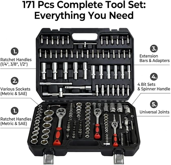 171 Piece Mechanics Tool Set, Heavy Duty Socket and Ratchet Wrench Toolbox Combo Kit, 1/4", 3/8" & 1/2" Drive Hand Tools for Auto Repair and Home Maintenance, Gifts for Men，Black