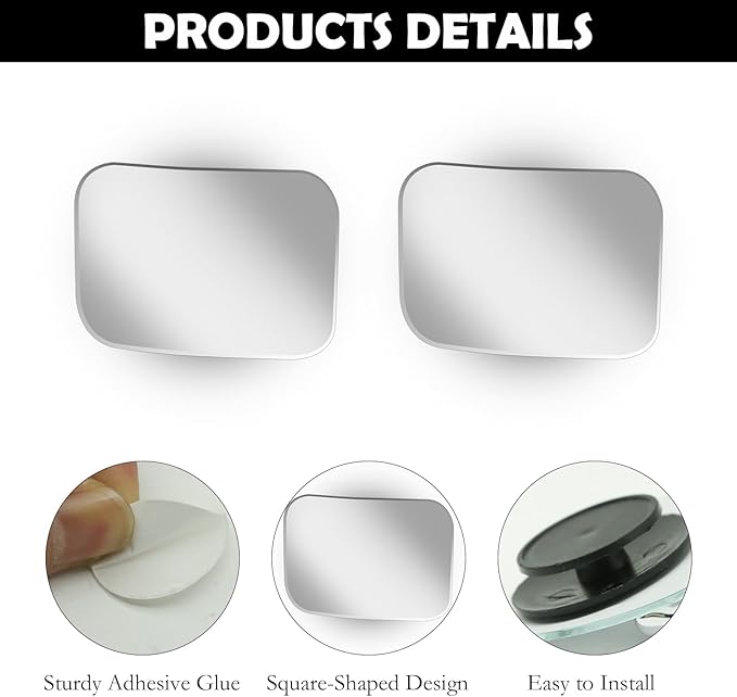 2Pcs Cars Square Blind Spot Mirrors, Car Side Mirror Blindspot Adjustabe Angle 360 Degree Wide Angle Convex RearView Removable for Enhanced Safety Universal Accessories for Suvs RVs Trucks