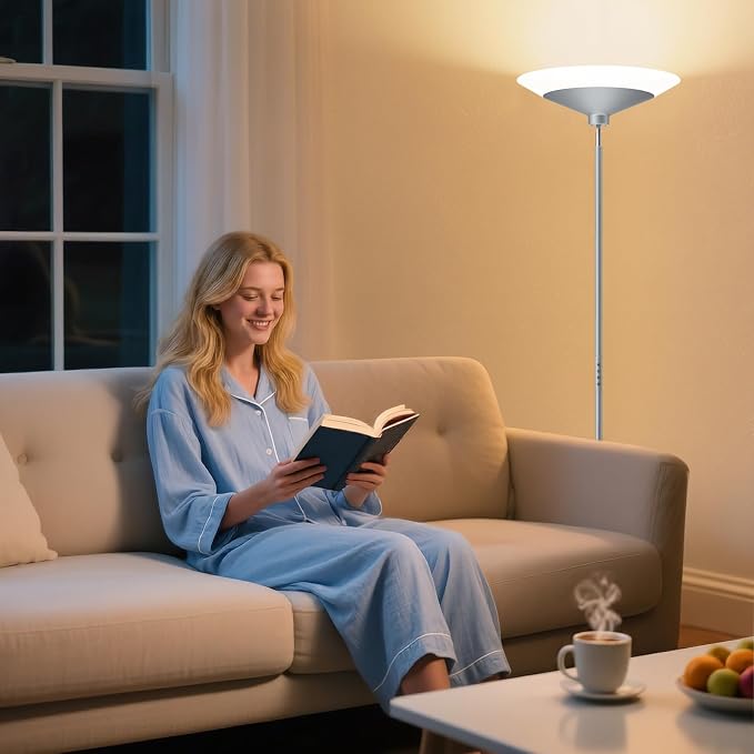 SIBRILLE Silver Torchiere Floor Lamp - 30W Dimmable LED Standing Lamp with Remote/Button Control, 1800Lm, 3000-6500K, 72in Bright Standing Pole Light for Living Room Bedroom Office Corner