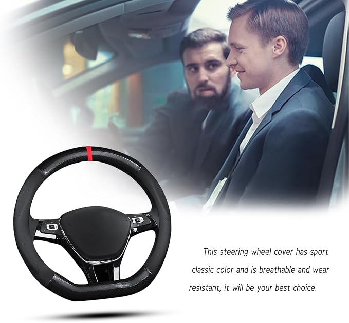 Ergocar Car Steering Wheel Cover Non-Slip Car Steering Wheel Protector Sport D-Shape Carbon Fiber & PU Leather Universal for Diameter 38cm(15") (Black-red-Stripe-B)