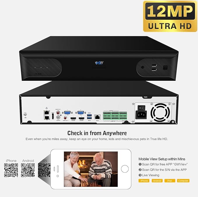 GW Security 64 Channel 12MP NVR UltraHD 4K Face/Human/Vehicle AI Detection Commercial Security Camera System with 64 x 8MP Waterproof Microphone 135° Wide Angle Outdoor Indoor PoE Dome Cameras (Black)