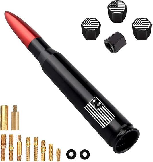 Truck Bullet Antenna with Valve Stem Caps, Mast for GM Ford F150 F250 F350 Chevy Silverado 1500 2500 3500 HD Avalanche Denali Heavy Duty Pickup Trucks Accessories (Red)
