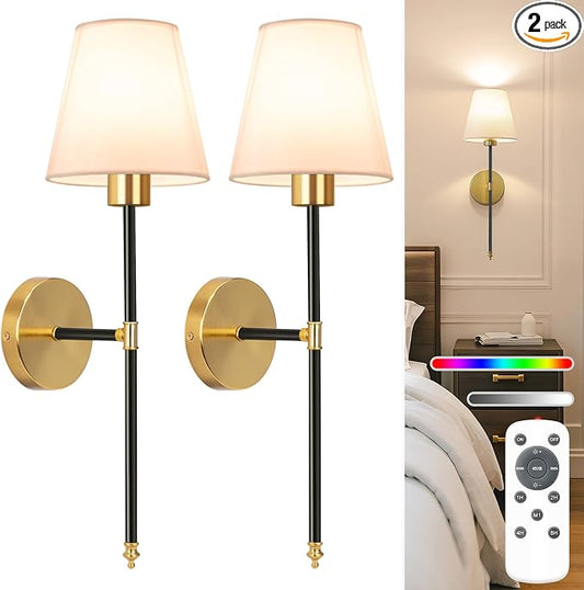 NIORSUN 19.9 inch Battery Operated Wall Sconce Set of 2,Black-Gold Rechargeable Wall Lights with 10400mAh Dimmable Detachable Bulbs and Remote, Wireless Sconces for Bedroom Living Room Hallway