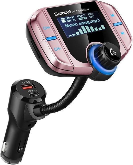 Sumind 2026 Upgraded Wireless Bluetooth Car Adapter FM Transmitter, 1.7'' LCD Display, Flexible Gooseneck, 20W QC3.0&Dual USB Ports, AUX Input/Output for Hands-Free Call, Micro/TF Card(Rose,PD)