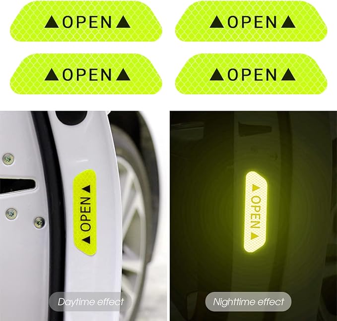 8PCS Reflective Open Warning Stickers for Car Door, Night Visibility Auto Safety Prompt Decals, Anti-Collision Protective Strip Tape, Car Accessories Universal for Truck, SUV, Van (Green)