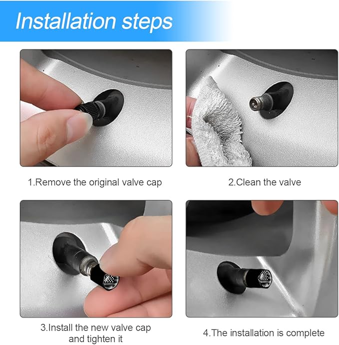 American Flag Tire Valve Stem Caps for Car, 4Pack Anti-Rust Airtight Rubber Seal Universal Valve Stem Covers for Cars, Vehicles, Bicycles, Trucks, Motorcycles, Car Accessories (Black/Gray)