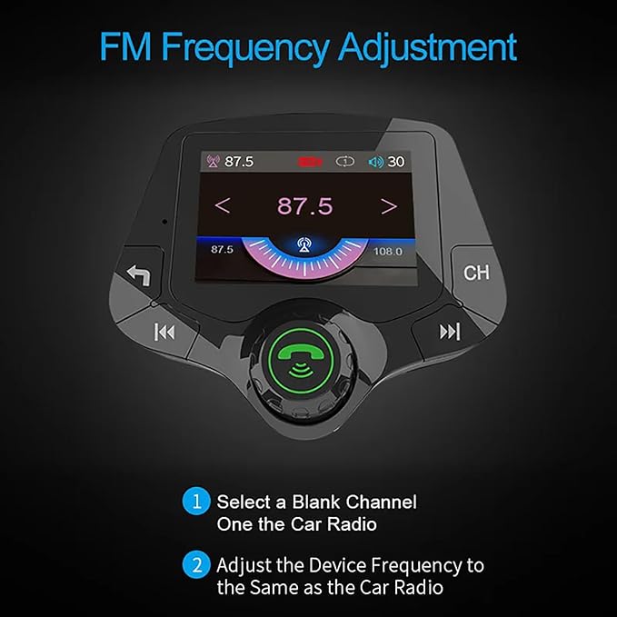 Wireless in-Car Bluetooth FM Transmitter Radio Adapter Car Kit, BT 5.0 & QC3.0 FM Transmitter for Car with 2 Inch Full Color Screen Display, 2 USB Ports, Hi-Fi Music