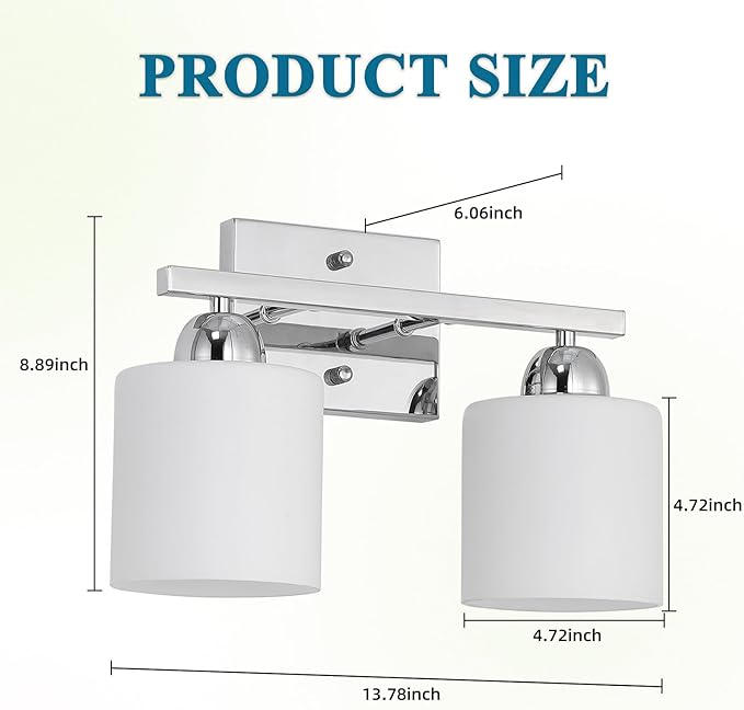 Mecgirn Stainless Steel Milk Glass Vanity Lights for Bathroom, 2 Light Chrome Bathroom Light Fixtures Over Mirror, Ceramic E26 Sockets Wall Mounted