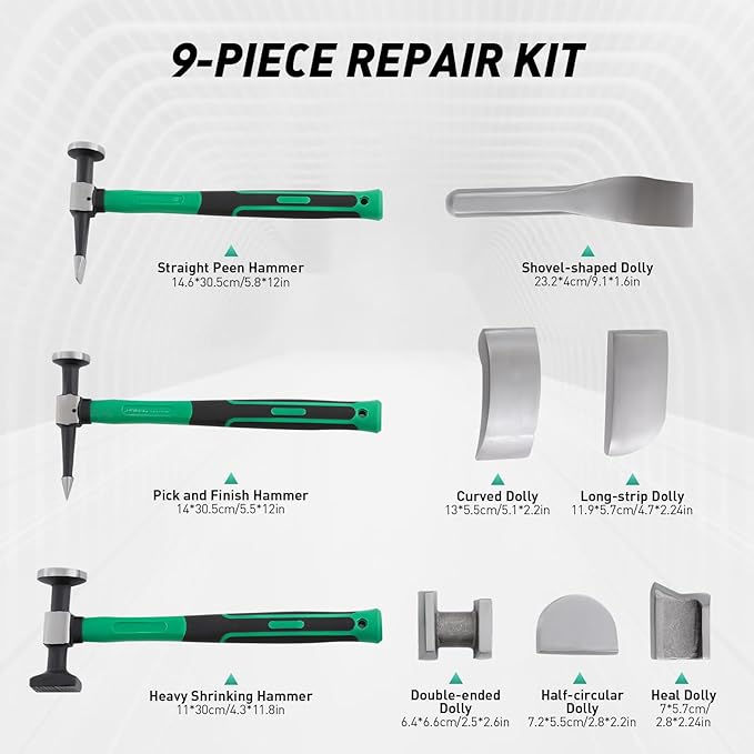 9PCS Dent Repair Kit, Auto Body Repair Tool Kit Auto Body Panel Fender Hammer Dolly Set Manual Automotive Sheet Metal Repair Tools w/Toolbox for Homes Repair Shops Car Maintenance Shops