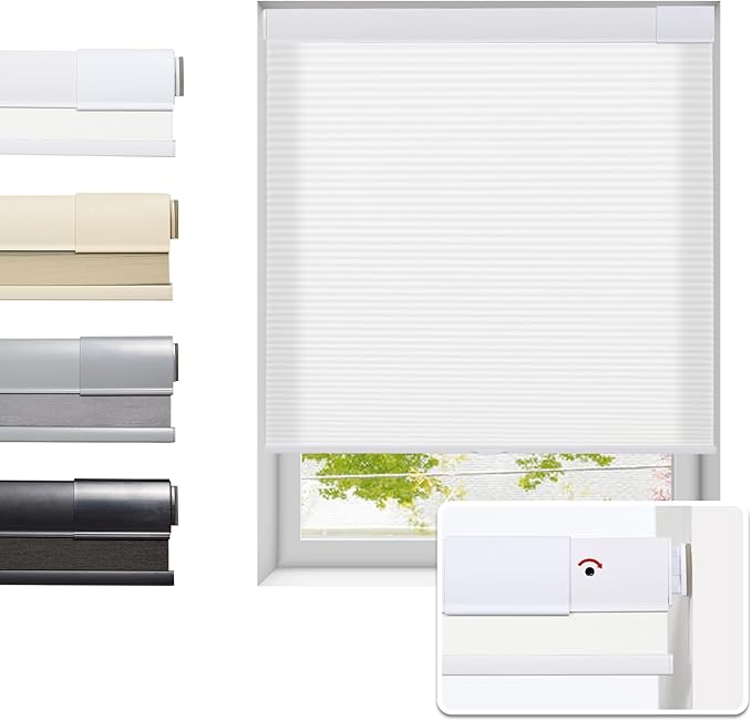 Tonature No Drill Cellular Shades for Indoor Windows, Thermal Insulating & Noise Reducing Honeycomb Blinds, Cordless Free Stop Blinds Light Filtering, White,34 1/2" W x 48" H
