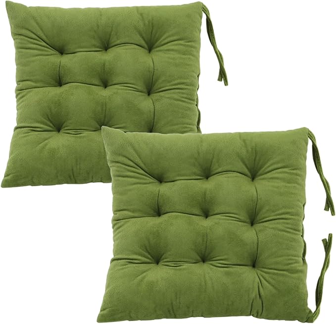 2 Pack Square Seat Cushion Chair Pads for Kitchen Dining Chairs, Soft Comfort Velvet Chair Mat Pillow Cushions with Ties for Office Desk Living Room Tatami 15.5", Green