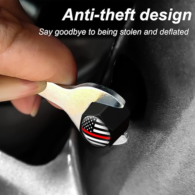 4PCS American Flag Tire Valve Stem Caps for Car, Auto Anti-Rust Airtight Rubber Valve Stem Covers, Leakproof Wheel and Tire Exterior Accessories Universal for Car, Bikes,Vehicles (Black/Red)