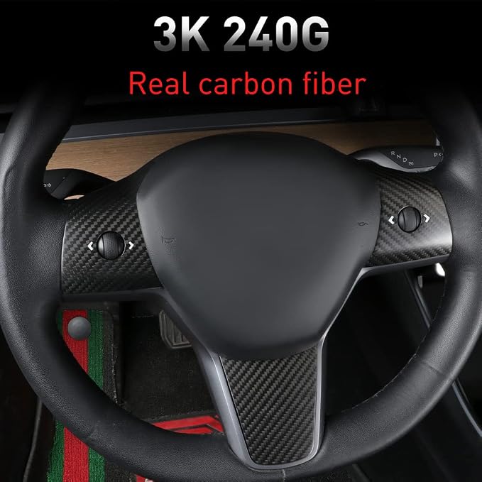 JSWAN Carbon Fiber Steering Wheel Panel Cover for Tesla Model 3 (2017 to 2023) Model Y (2020 to 2024) Steering Wheel Button Frame Wrap Accessories (Matte Black Panel Cover)