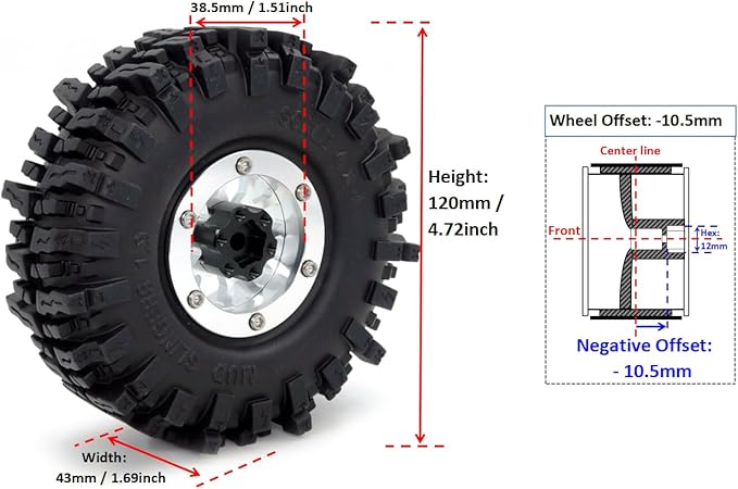 HOBBYSOUL -10.5mm Negative Offset 1.9 Beadlock Wheels and Tires, 120mm 1.9'' Mud Slingers T8 Tires and Wheels for RC 1/10 Mud Crawler SCX10 TRX4 Gen8 Upgrades