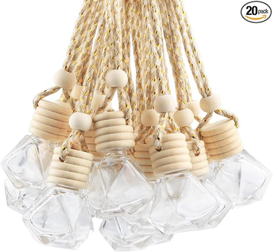 20 Pcs 8ml Hanging Car Air Freshener Diffuser,Empty Refillable Clear Glass Essential Diffuser Oil Aromatherapy Fragrance Perfume Pendant Vials with Wooden Caps & Hanging String