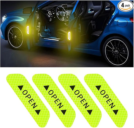 4PCS Reflective Open Warning Stickers for Car Door, Night Visibility Auto Safety Prompt Decals, 3.6 Inch Anti-Collision Protective Strip Tape, Car Accessories Universal for Truck, SUV, Van (Green)