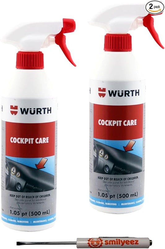 Smilyeez Listing for Wurth Cockpit Care Spray, 500ml (2 Bottles) – Silicone-Free Interior Cleaner with Carnauba Wax & Jojoba Oils for Satin Matte Finish & Pocket Screwdriver