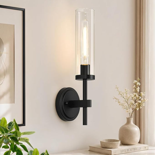 MOKATNG Hardwired Wall Sconces, Matte Black Bathroom Sconces with Clear Glass, Modern Wall Light Fixtures for Bathroom Mirror Vanity, Living Room, Bedroom, Hallway, Stairway, Cabinet, Foyer