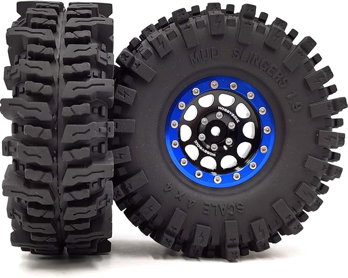 HOBBYSOUL 120mm Tall 1.9 Mud Slingers Tires T8 Soft Sticky Tyres & 1.9 Beadlock Wheels Rims Black Blue For RC 1/10 Rock Crawler SCX10 TRX4 Gen8, (4-Pack, HS700601)