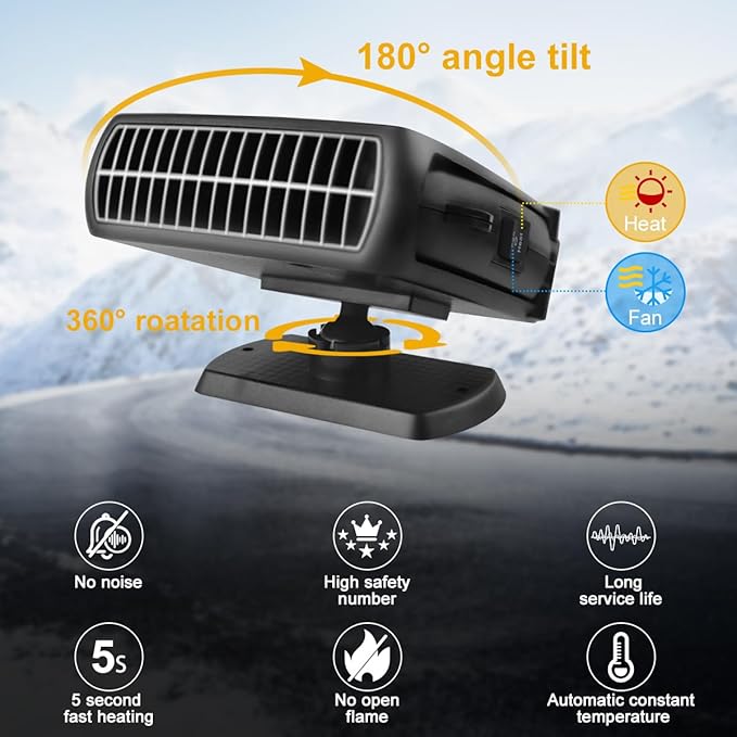 Car Heater, 200W 12V Portable Windshield Defogger and Defroster，2 in 1 Modes Fast Heating &Cooling Fanswith Cigarette Lighter Plug 360 Degree Rotary Base