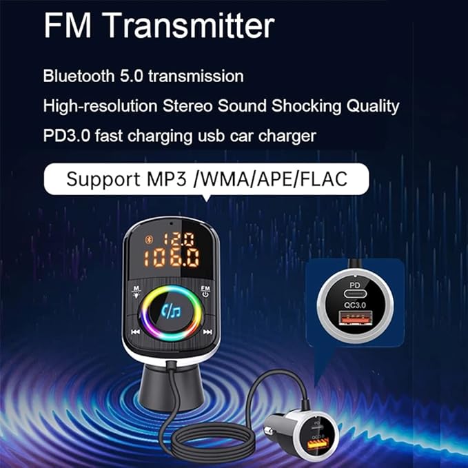 Bluetooth FM Transmitter for Car, Bluetooth para Carro/Audio Adapter with Dual Car Charger, Support Dual Display Digital Colorful Lights TF Card
