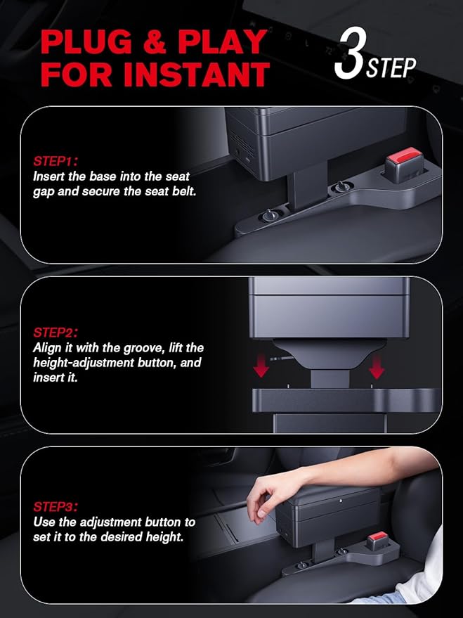 for 2-in-1 Car Armrest & Car Seat Gap Filler - Adjustable Sponge Armrest with 9-Level Height - 15W Wireless Charging & 50W Power Dock - Dual-Layer Car Storage Box - Fits Driver & Passenger