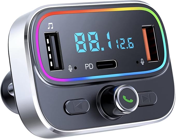 Bluetooth 5.4 FM Transmitter for Car Wireless Radio Adapter Kit, Hands-Free Calling Dual Microphone, Fast Charging 18W & PD 20W for All Smartphones Audio Players, Supports TF/SD Card and USB Disk