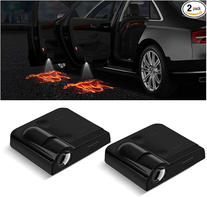 2Pcs Car Door Lights Logo Projector, Wireless LED Car Door Paste Welcome Courtesy Light, Holeless Magnet Sensor Ghost Shadow Welcome Lamp, Naruto Sharingan Light Accessories (Fire Horse)