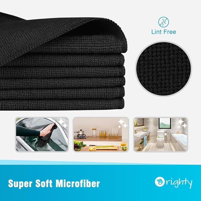 Orighty Microfiber Cleaning Cloth, 12 Pack Microfiber Towels for Cars, Highly Absorbent Car Cleaning Supplies, Lint Free Cloths Clean Rags for Car Care, House, Kitchen, 12x11 inch, Black
