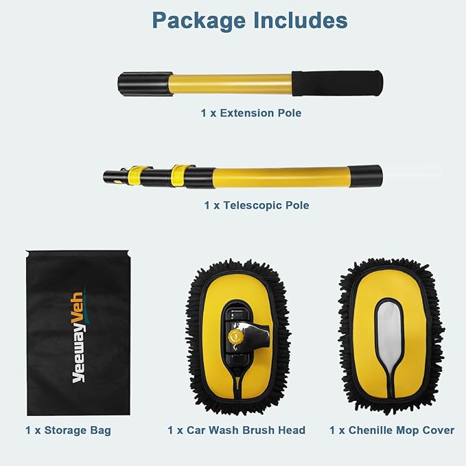 YeewayVeh Car Wash Brush Mop with Long Handle, 55" Car Wash Brush with 2 Replaceable Microfiber Mop Heads, 15° Curved Extension Pole Auto Cleaning Wash Kit for Truck SUV RV Camper, Yellow