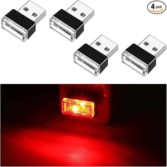 Ziciner 4 PCS USB LED Car Interior Atmosphere Lamp, Portable Mini LED Night Light, Plug-in USB Interface Trunk Ambient Lighting Kit, Universal Car Interior Accessories (Red)