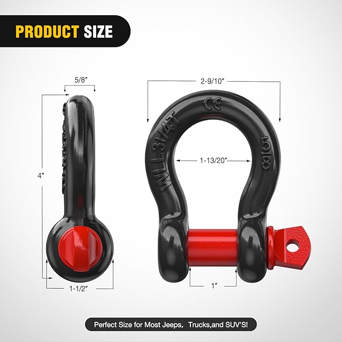 Nilight 2 Pack Small Shackles 5/8" D-Ring Shackle 3.25 Ton (7165 Lbs) Capacity Heavy Duty Off Road Recovery Shackle Kit for Cars and Other Applications for Tie Downs, Black Red
