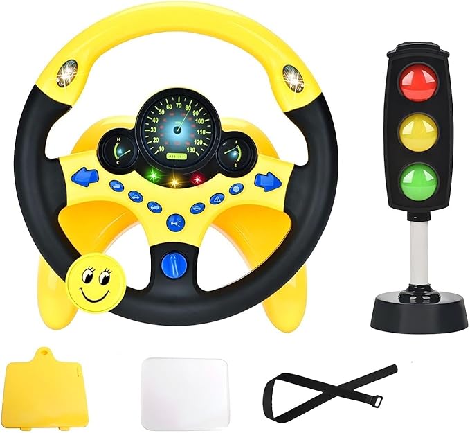 Kids Driving Toy Set with Interactive Steering Wheel and Traffic Light-Simulate Driving Car Steering Wheel Toy for Kids with Dashboard Display,Yellow and Black