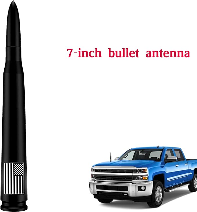 Car Bullet Antenna with Valve Stem Caps for GM Chevy Silverado 1500 2500 3500 HD Avalanche Ford F Series F150 F250 GMC Sierra 1500 2500 3500 Denali Heavy Truck Accessories (Black)- 7inch- America Flag