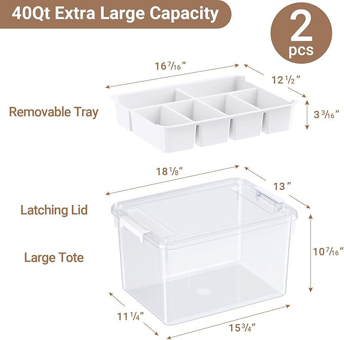 80Qt Large Stackable Storage Bins with Lids & Trays, Clear Plastic Latching Boxes Organizers with Dividers Portable 20Gal Containers for Arts & Crafts, Home and Car Trunk Organization, 2Pack