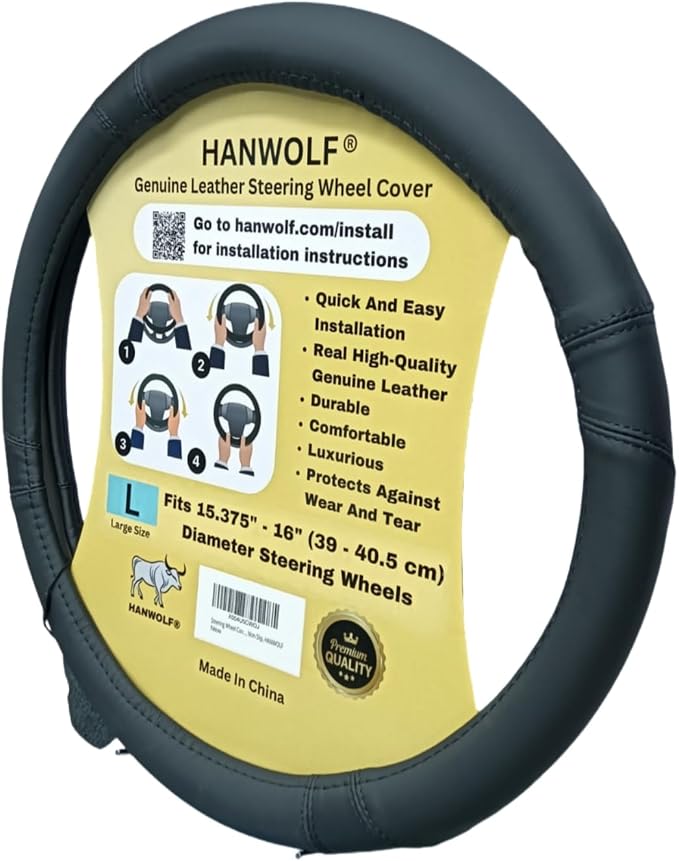 Steering Wheel Cover, Black, Real Genuine Leather, 16 inch, for Men and Women, Universal, Stretch On, Heat Resistant, Stays Cool, Non-Slip, HANWOLF