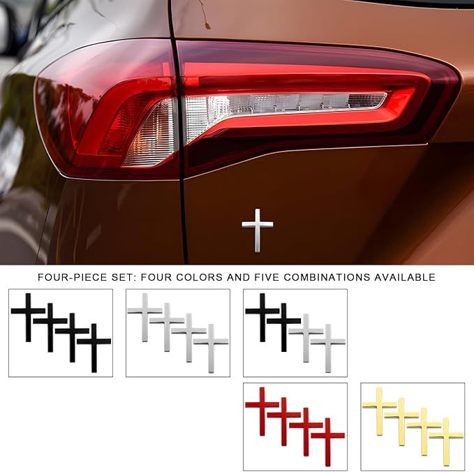 DXNQ 4PCS Metal Jesus Christ Cross Badge Stickers, 2.5"×1.8" Alloy 3D Individual Car Cross Sticker, Self Adhesive Scratch Covering Cross Emblem Decal for Car Body Fender Tail (Silver)