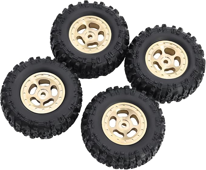 4pcs SCX30 Brass Offset 0.7'' Wheels Set with Rubber Tires Sponge Insert for AXIAL SCX30 Ford Bronco JEEP WRANGLER JLU RC Crawler Upgrade Part ﻿ (Golden 5-hole set)