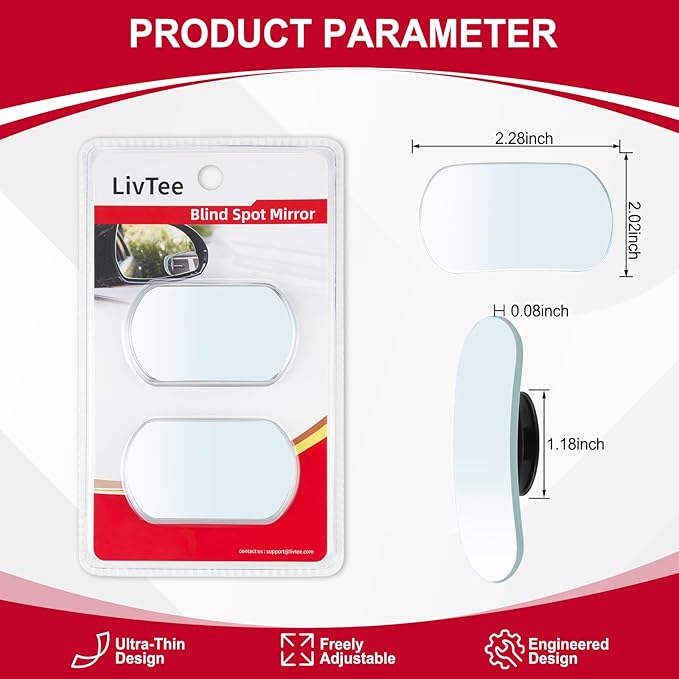 LivTee Blind Spot Mirrors, Flat Oval HD Glass Frameless Convex Rear View Mirrors, Wide Angle Adjustable Stick for Side Mirror, Automotive Exterior Accessories for Car, SUV & Trucks, Pack of 2