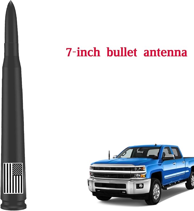 Truck Car Bullet Antenna with Valve Stem Caps for GM Chevy Silverado 1500 2500 3500 HD Avalanche Ford F Series F150 F250 GMC Sierra 1500 2500 3500 Denali Heavy Truck Accessories (Matte Black)- 7inch