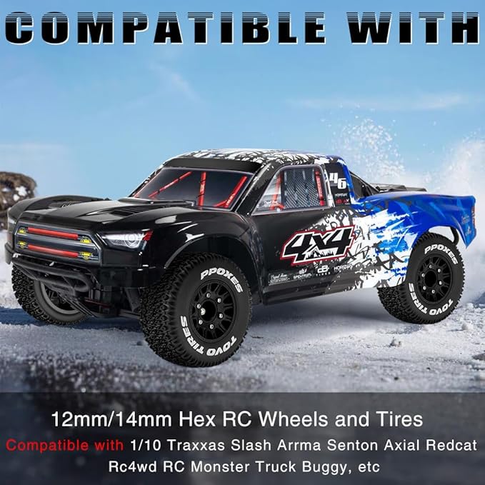 GLOBACT 12mm/14mm Hex RC Wheels and Tires 1/10 RC Truck Tires for Arrma Senton Fury Slash Axial Losi Redcat Rc4wd Hex Detachable Replacement (Black 4PCS)