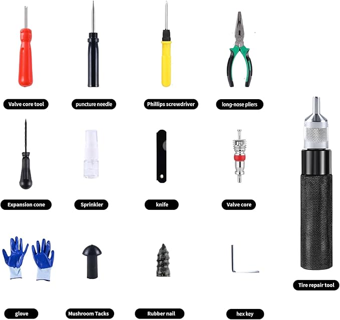 Tire Repair Kits Tubeless Tire Puncture Repair Kit with Mushroom Plug, Repairs punctures and Flat Tires for Motorcycles, Cars, Trucks, ATVs,Gun Puncture Repair Kit（34-Piece ）