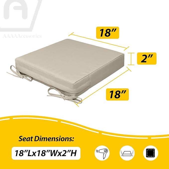 AAAAAcessories Outdoor Seat Cushions for Chairs, Waterproof, Fade-Resistant, 18" x 18" x 2", Patio Furniture Replacement Cushions, Set of 2, Beige
