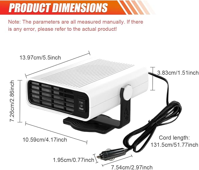 Car Heater, 12V 150W Fast Heating Windshield Defogger and Defroster, 2 in 1 Portable Heating & Cooling Fan, 360° Rotatable Heater with Plug-in Cigarette Lighter (White)