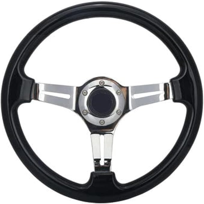 Classic Black Car Racing Steering Wheel Chrome Silver Spokes 14" Flat Dish Sports Wood Grain Steering Wheel Anti-slip with Horn Button