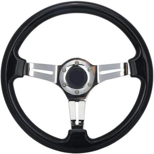 Classic Black Car Racing Steering Wheel Chrome Silver Spokes 14" Flat Dish Sports Wood Grain Steering Wheel Anti-slip with Horn Button