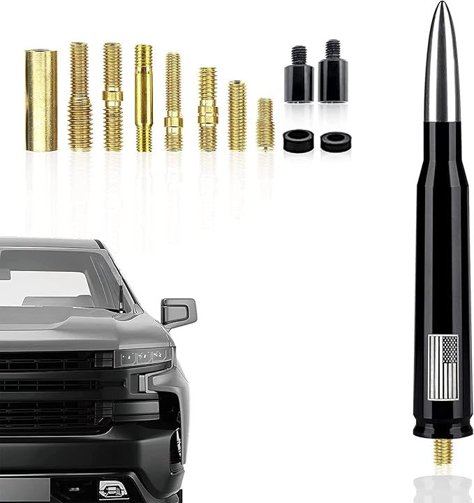 Ajxn 1 PC Car Truck Bullet Antenna, Automobile Antenna Mast, Suitable for GM Chevy Silverado 1500 3500 HD Avalanche GMC Sierra 1500 3500 Denali Heavy Duty Pickup Trucks Accessories (Silver)